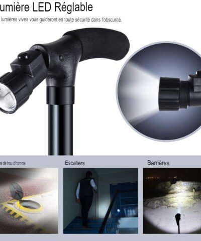 Bâton de marche télescopique, canne pliante à LED
